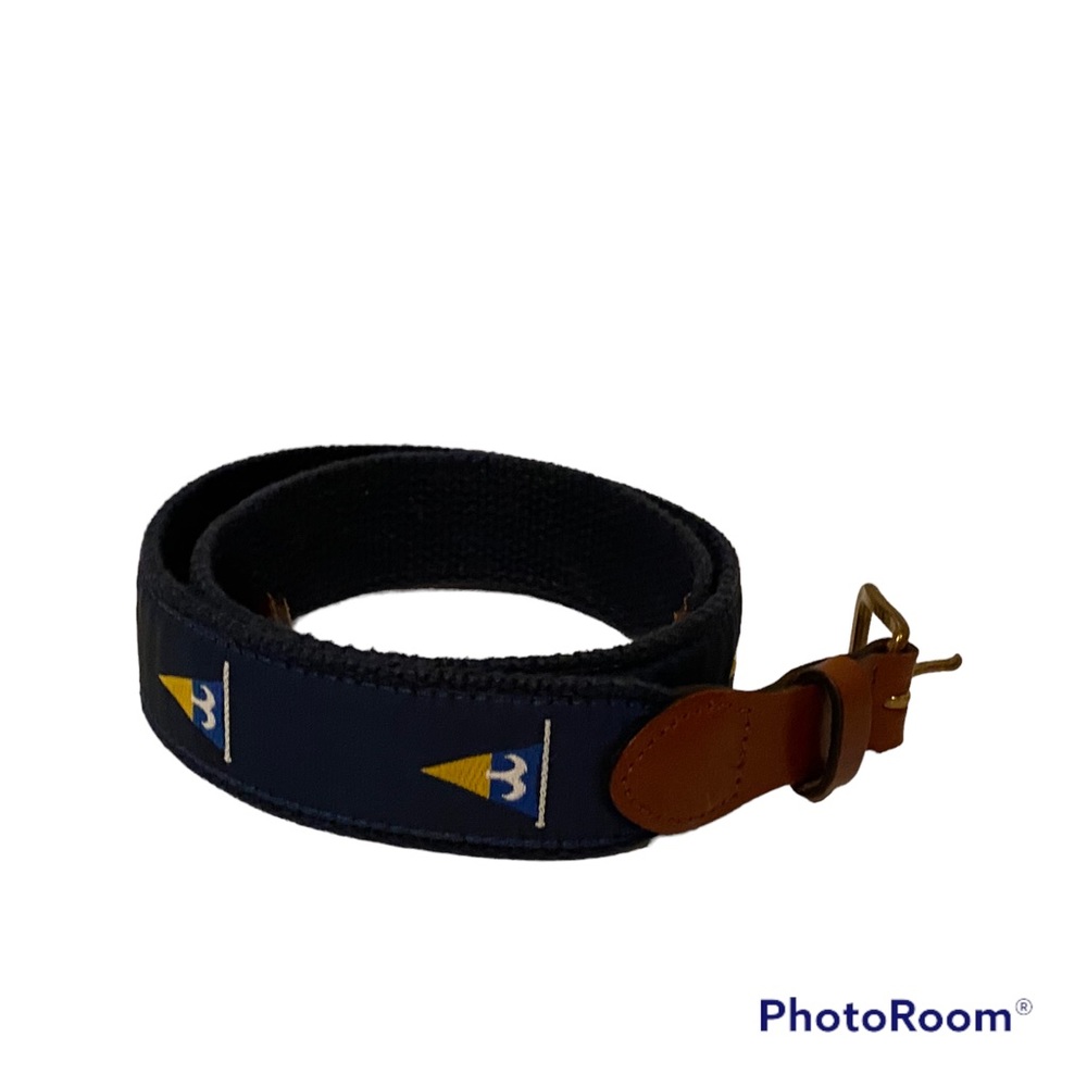 LEATHER MAN MENS BELT BLUE NAUTICAL FLAGS BROWN TAN Size 30 BRASS BUCKLE USA